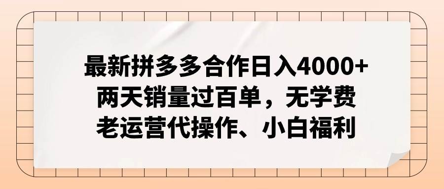 （12869期）拼多多最新合作日入4000+两天销量过百单，无学费、老运营代操作、小白福利_天恒副业网