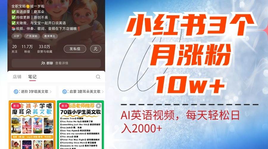 小红书三个月涨粉10W，AI英语视频0成本制作，每天轻松日入2000+_天恒副业网