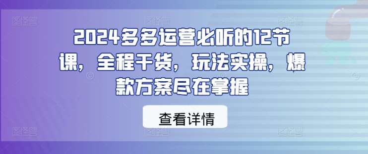 2024多多运营必听的12节课，全程干货，玩法实操，爆款方案尽在掌握_天恒副业网