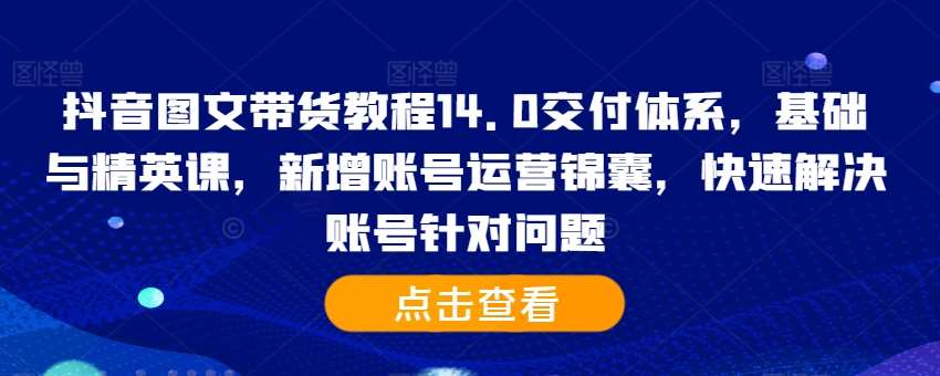 抖音图文带货教程14.0交付体系，基础与精英课，新增账号运营锦囊，快速解决账号针对问题_天恒副业网