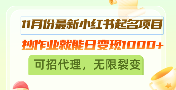 （13256期）11月份最新小红书起名项目，抄作业就能日变现1000+，可招代理，无限裂变_天恒副业网