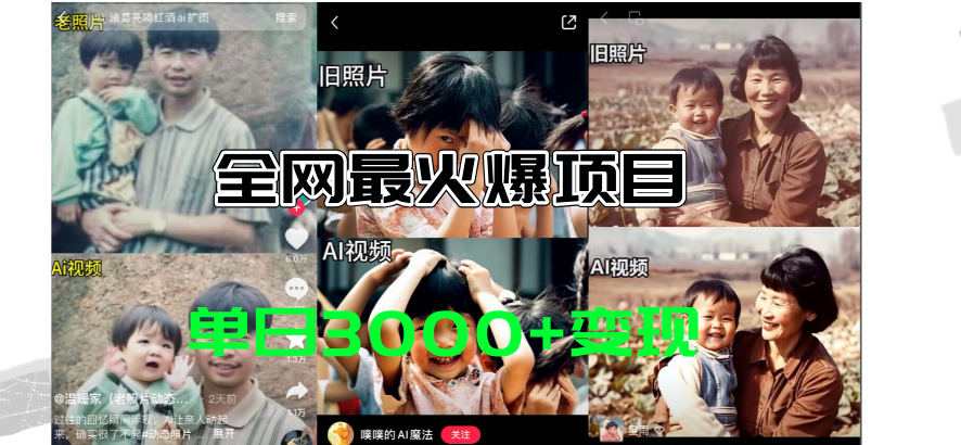 全网爆火的AI让老照片动起来教程，蹭热点日赚3000+_天恒副业网