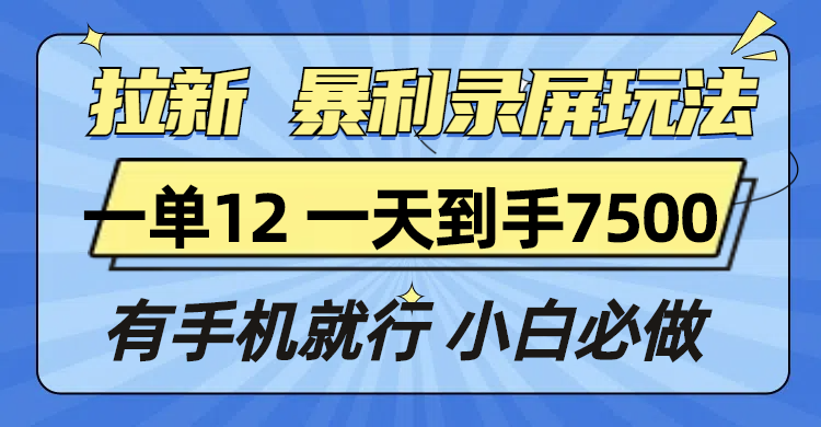 拉新暴利录屏玩法,一单12块,一天到手7500_天恒副业网