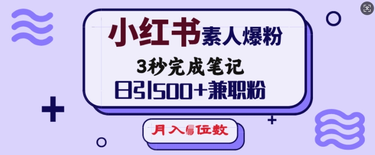 小红书素人爆粉,3秒完成笔记,日引500+兼职粉,月入5位数_天恒副业网