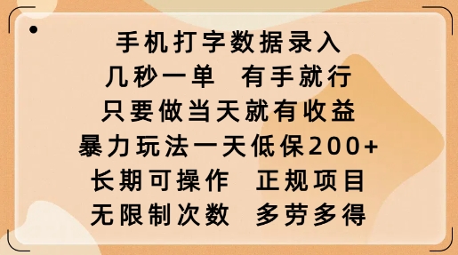 手机打字数据录入，几秒一单，有手就行，只要做当天就有收益，暴力玩法一天低保2张_天恒副业网