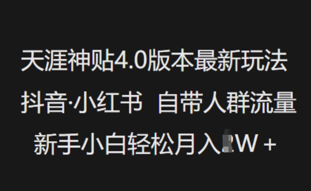 天涯神贴4.0版本最新玩法，抖音·小红书自带人群流量，新手小白轻松月入过W_天恒副业网
