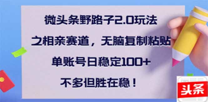 （14333期）微头条野路子2.0玩法之相亲赛道，无脑搬砖复制粘贴，单账号日稳定300+…_天恒副业网