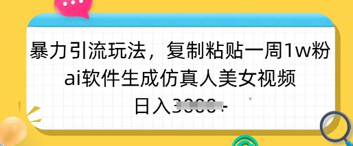 暴力引流玩法,复制粘贴一周1w粉,ai软件生成仿真人美女视频,日入多张_天恒副业网
