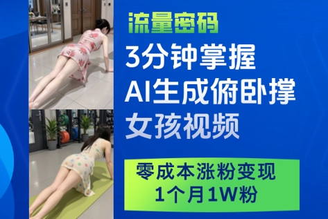 3分钟掌握AI生成俯卧撑女孩视频，零成本涨粉变现，1个月1W粉_天恒副业网