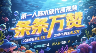 第一人称水族代言视频，条条万赞，20条作品涨粉7.8W，多种变现方式月入五位数_天恒副业网