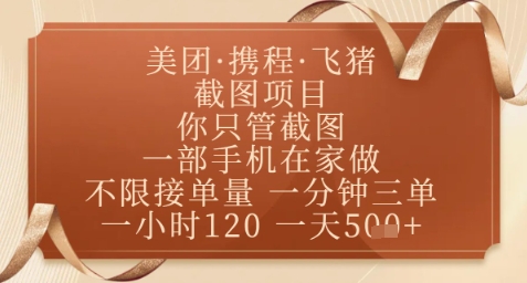 飞猪美团截图项目，你只管截图，一部手机在家做，正规平台无套路，一天5张+_天恒副业网