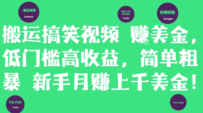 搬运搞笑视频挣美金,低门槛高收益,简单粗暴新手月入上千美刀_天恒副业网