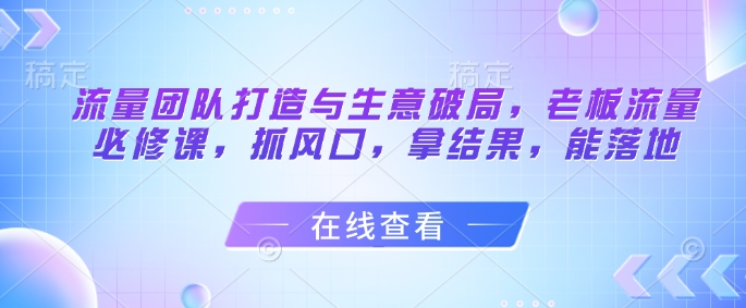 流量团队打造与生意破局,老板流量必修课,抓风口,拿结果,能落地_天恒副业网