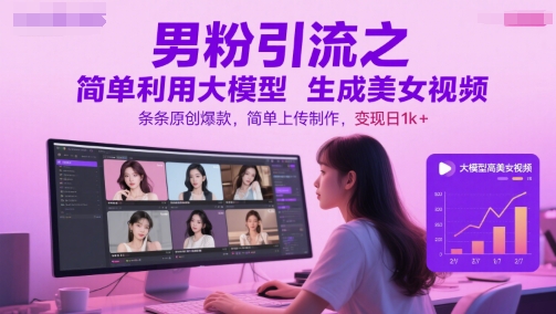 男粉引流之简单利用大模型生成美女视频，条条原创爆款，简单上传制作，变现日1k+_天恒副业网