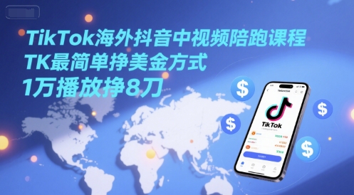 TikTok海外抖音中视频陪跑课程,TK最简单挣美金方式,1万播放挣8刀_天恒副业网