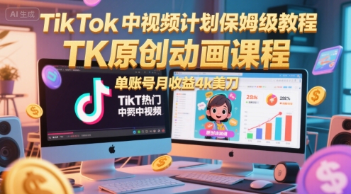 TikTok中视频计划保姆级教程,TK原创动画课程,单账号月收益4k美刀_天恒副业网