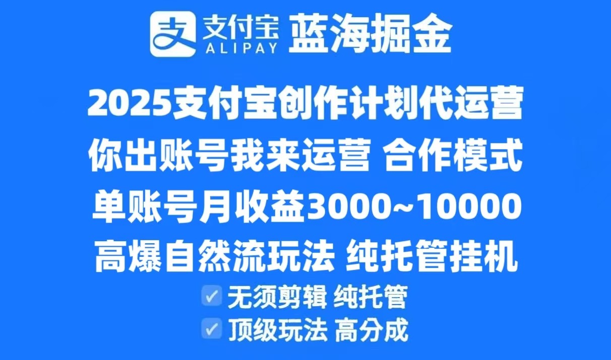 2025支付宝创作分成计划代运营,高爆自然流玩法,纯挂机高分成,合作共赢模式!_天恒副业网