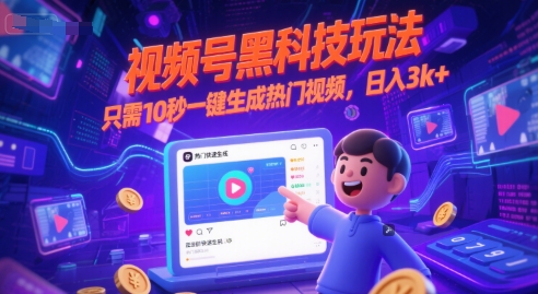 视频号黑科技玩法，只需10秒一键生成热门视频，日入3k+_天恒副业网