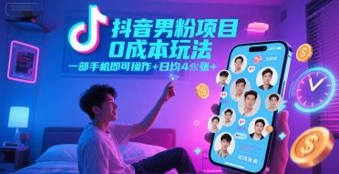 抖音男粉项目0成本玩法，一部手机即可操作，日均4张+，时间自由_天恒副业网