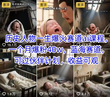 历史人物一生爆火赛道ai课程,一个月爆粉40w,蓝海赛道,可过伙伴计划,收益可观_天恒副业网
