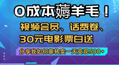 0成本薅羊毛!视频会员、话费卷、30元电影票白送，分享我如何靠转卖一天变现5张+_天恒副业网