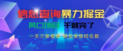 信息查询暴力掘金,一天三条视频,轻松变现四位数,风口项目干就完了_天恒副业网