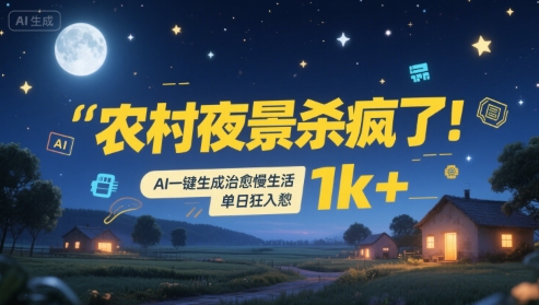 农村夜景杀疯了!AI一键生成治愈系慢生活,单日狂入1k+_天恒副业网