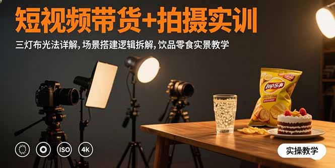 短视频带货+拍摄实训：三灯布光法详解,场景搭建逻辑拆解,饮品零食实景教学_天恒副业网