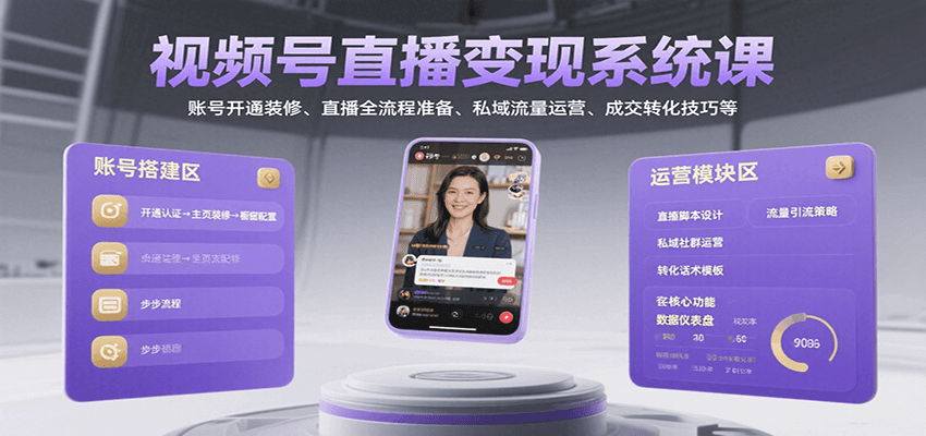 视频号直播变现系统课，账号开通装修、直播全流程准备、私域流量运营、成交转化技巧等_天恒副业网