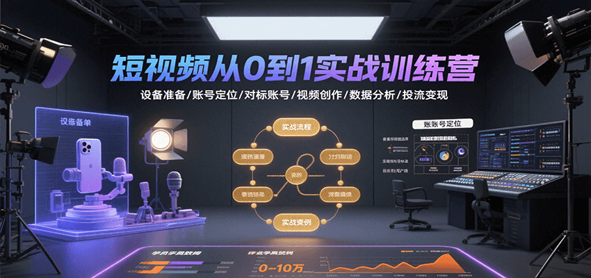 短视频从0到1实战训练营：设备准备/账号定位/对标账号/视频创作/数据分析/投流变现_天恒副业网