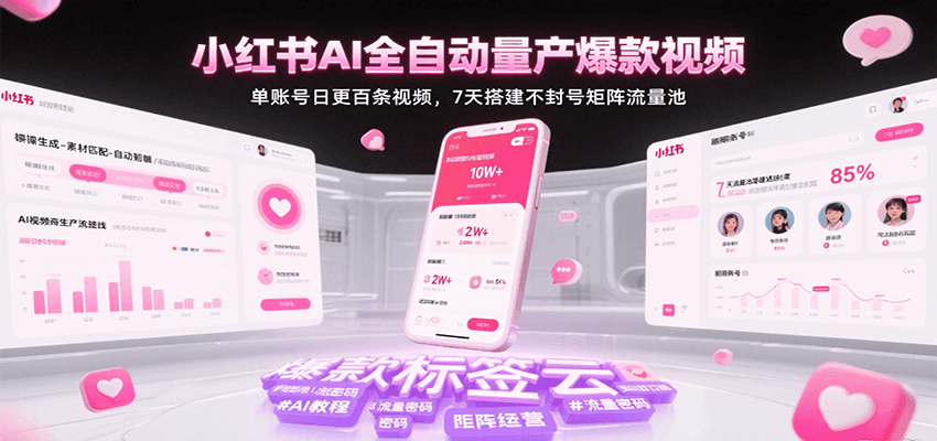 小红书AI全自动量产爆款视频，单账号日更百条视频，7天搭建不封号矩阵流量池_天恒副业网