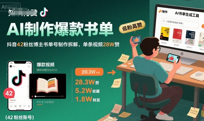 AI制作爆款书单,抖音42粉丝博主书单号制作拆解,单条视频28W赞_天恒副业网