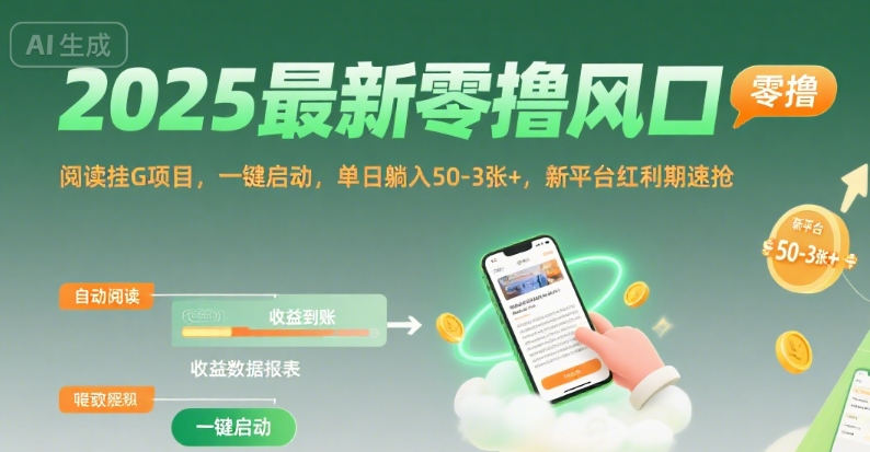 2025最新零撸风口,阅读挂G项目,一键启动,单日躺入50-3张+,新平台红利期速抢_天恒副业网