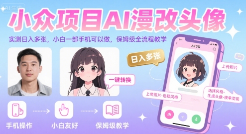 小众项目AI漫改头像,实测日入多张,小白一部手机可以做,保姆级全流程教学_天恒副业网