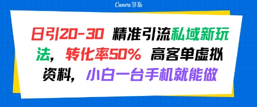 日引20-30精准引流私域新玩法,转化率50%高客单虚拟资料,小白一台手机就能做_天恒副业网