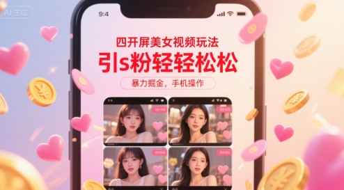 四开屏美女视频玩法,引s粉轻轻松松,暴力掘金,手机操作_天恒副业网