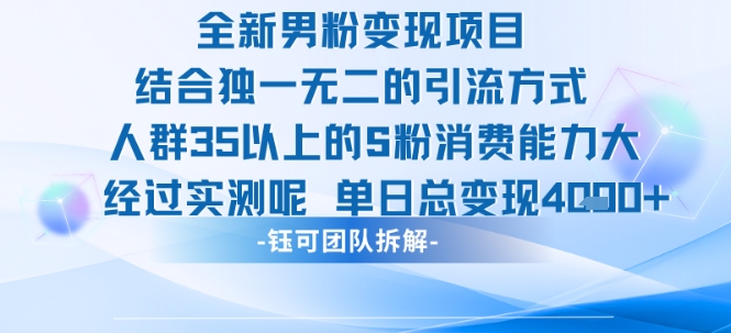 全新男粉变现项目引流人群35以上的男粉消费能力大经过实测单日变现1k+_天恒副业网