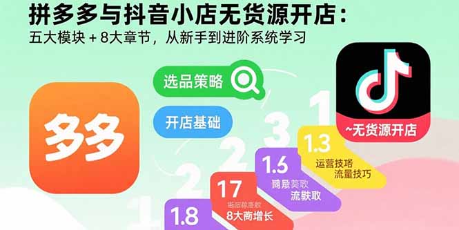 （15805期）拼多多与抖音小店无货源开店：五大模块+8大章节，从新手到进阶系统学习_天恒副业网