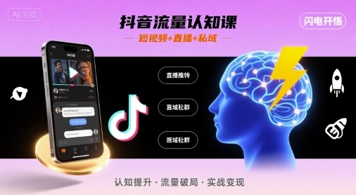 抖音流量认知课，短视频+直播+私域，认知提升，闪电开悟_天恒副业网