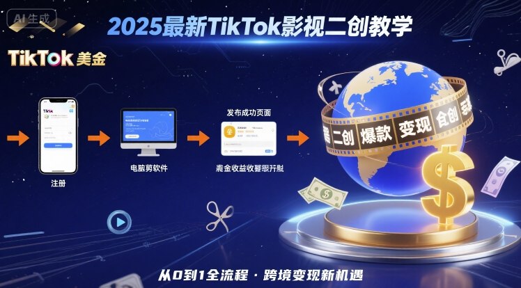 2025年最新TikTok影视二创教学,从注册到发布撸美金全流程,跨境变现新机遇_天恒副业网