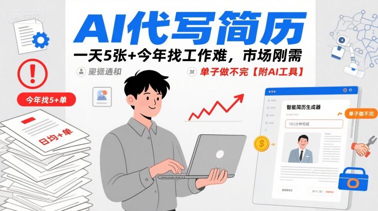 AI代写简历,一天5张+今年找工作难,市场刚需,单子做不完【附AI工具】_天恒副业网