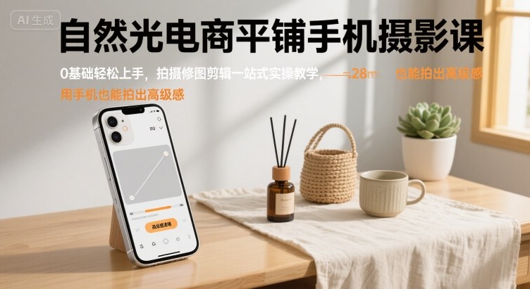 自然光电商平铺手机摄影课，0基础轻松上手，拍摄修图剪辑一站式实操教学，用手机也能拍出高级感_天恒副业网