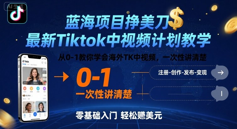 蓝海项目挣美刀,最新Tiktok中视频计划教学,从0-1教你学会海外TK中视频,一次性讲清楚_天恒副业网