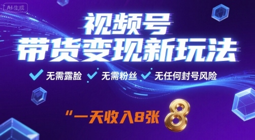 视频号带货变现新玩法，无需露脸，无需粉丝，无任何封号风险，一天收益8张_天恒副业网