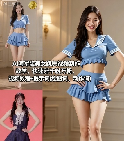 AI海军装美女跳舞视频制作教学,快速涨千粉万粉,视频教程+提示词(绘图词、动作词)_天恒副业网