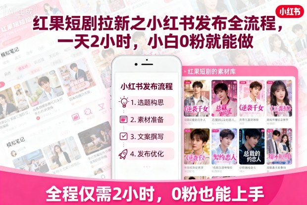 红果短剧拉新之小红书发布全流程,一天2小时,小白0粉就能做_天恒副业网