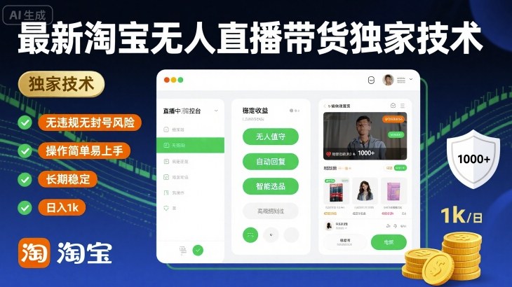 最新淘宝无人直播带货独家技术,无违规无封号风险,操作简单易上手,长期稳定日入1k_天恒副业网