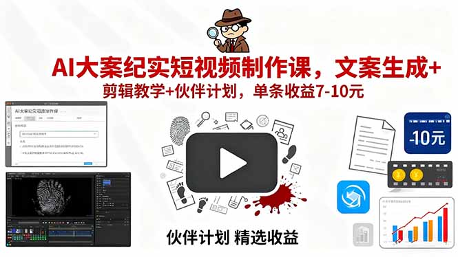 (15992期)AI大案纪实短视频制作课,文案生成+剪辑教学+伙伴计划,单条收益7-10元_天恒副业网