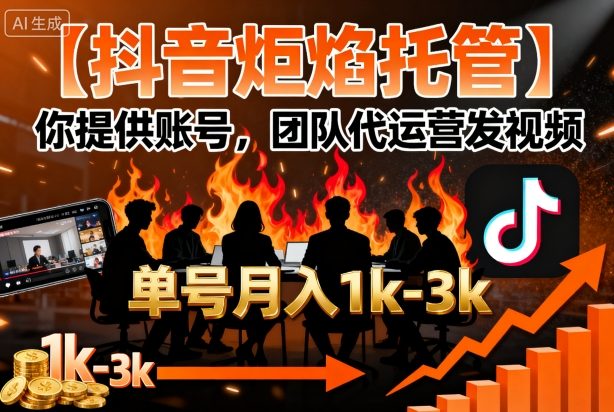 【抖音炬焰托管】你提供账号,团队代运营发视频,单号月入1k+_天恒副业网
