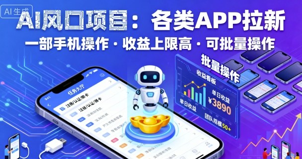 AI风口项目,各类APP拉新,一部手机就可以操作,收益上限高,可批量操作_天恒副业网